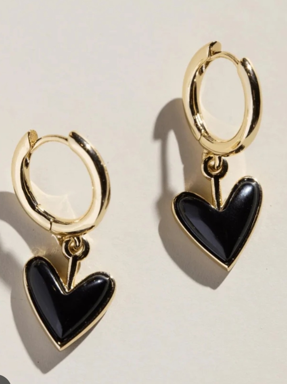NEW Nickel & Suede Gold Hoop Huggie Earrings with Black Heart Charms
